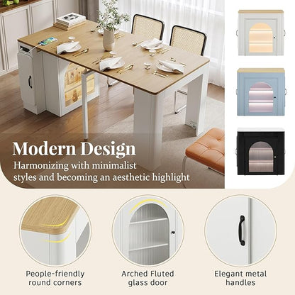 Extendable Dining Table with Storage and Charging Station, Rolling Kitchen Island with LED Lights and USB, 3-Leaf Expandable Drop Leaf Table with Wheels for Small Space, Modern Buffet Server