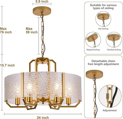 COCOSTAR Modern Glass Drum Chandeliers for Dining Room,6 Lights Farmhouse Crystal Chandelier,24" Vintage Foyer Lighting Fixtures,Gold Pendant Lights for Kitchen Island,Bedroom,Living Room