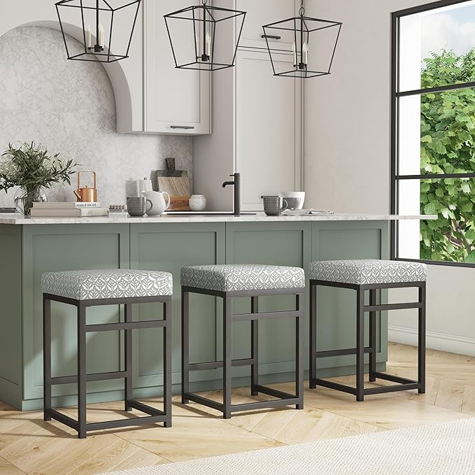 Homepop Home Decor | Modern 24-Inch Counter Stool | Backless Metal Frame Bar Stools Counter Height | Decorative Home Furniture, Light Gray Print