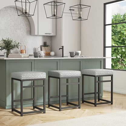 Homepop Home Decor | Modern 24-Inch Counter Stool | Backless Metal Frame Bar Stools Counter Height | Decorative Home Furniture, Light Gray Print