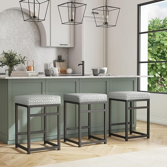 Homepop Home Decor | Modern 24-Inch Counter Stool | Backless Metal Frame Bar Stools Counter Height | Decorative Home Furniture, Light Gray Print