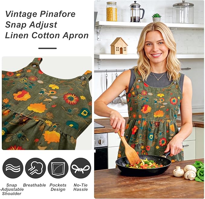 Cityelf Vintage Pinafore Apron Dress Snap Adjust Linen Cotton with Pockets Floral Aprons for Cooking Gardening