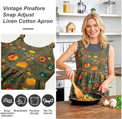 Cityelf Vintage Pinafore Apron Dress Snap Adjust Linen Cotton with Pockets Floral Aprons for Cooking Gardening