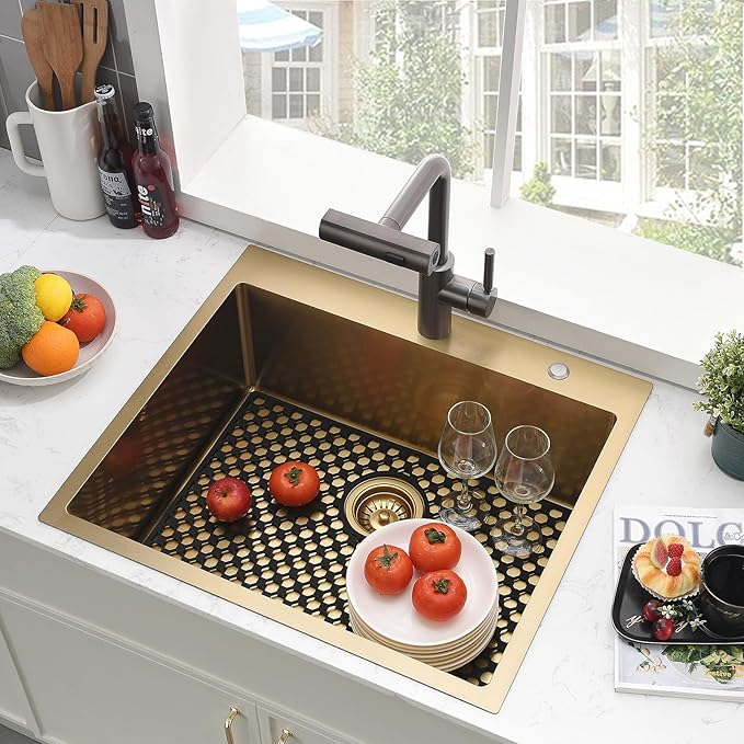 20 Inch Gold Drop In Kitchen Sink-Brovy 20x16 Gold Kitchen Sink Drop In with Faucet Combo Small Outdoor Rv 18 Gauge Stainless Steel Top Mount Single Bowl Wet Bar Sinks with Mat&Drainer