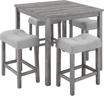 Ball & Cast 5 Piece Wooden Dining Table and Chairs Set for 4, 24" H Tufted Counter Stools with 34.2" Square Bar-Table, Industrial Breakfast Table with 4 Padded-Stool for Kitchen Island Playroom, Gray