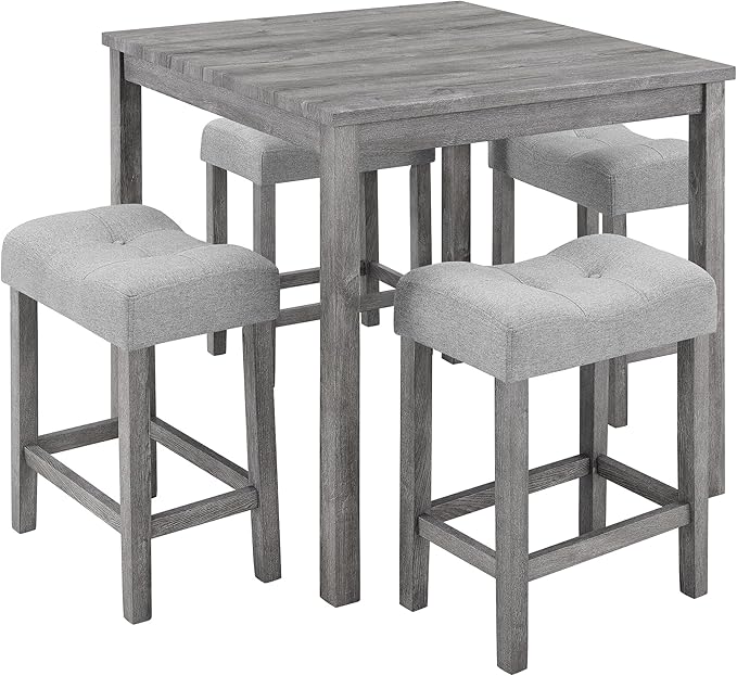 LKTART Dining Bar Table and Chairs Set 5 Piece Bar Table Set, Industrial Breakfast Table with 4 Padded Stools for Kitchen Dining Room Living Room (Gray)