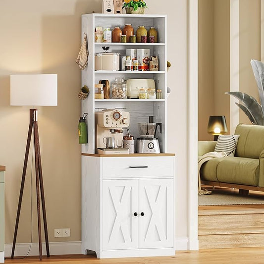 IRONCK Bakers Rack Microwave Stand with Customizable Pegboard and Storage, 71" Farmhouse Coffee Bar Cabinet with Drawer, Barn Doors, Adjustable Shelves for Kitchen, Dining Room, 23.6" White