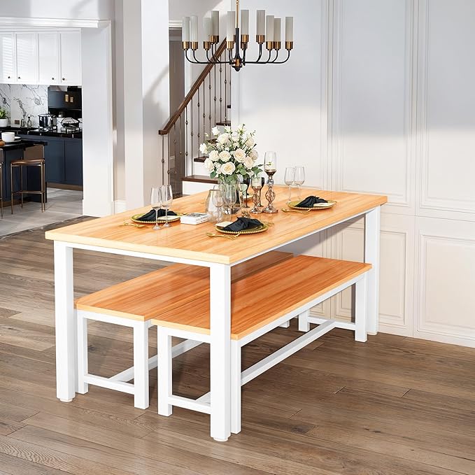 Lamerge Dining Room Table Set with 2 Benches, Dining Table Set for 4-6, Kitchen Table Set for Home Kitchen, Dining Room, Restaurant, Space Saving, Rustic, 3 Pieces Dining Furniture Set (04-Beige)