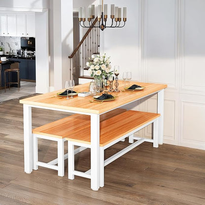 Lamerge Dining Room Table Set with 2 Benches, Dining Table Set for 4-6, Kitchen Table Set for Home Kitchen, Dining Room, Restaurant, Space Saving, Rustic, 3 Pieces Dining Furniture Set (04-Beige)
