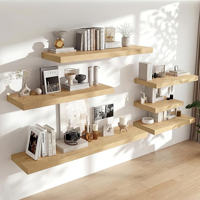 Heimlove 12 Inch Deep Floating Shelves, 55 x 12 inches Long Wall Shelf, Large Extra Display Shelf & Storage Shelf, Rustic Wood Wall Shelves for Fireplace Mantel, Set of 1(Oak)
