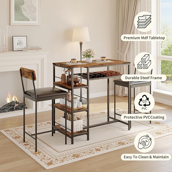 Garvee Dining Table Set for 2, Square Table and 2 Chairs Space Saving Compact Dinette Set for Small Spaces Kitchen Dining Room Apartment Breakfast Nook 29.1 x 29.1 x 30 in Retro