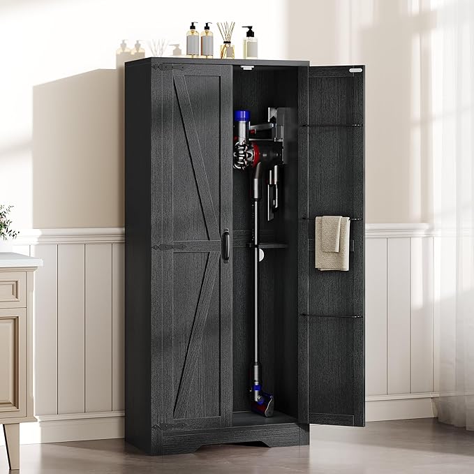 DWVO Wooden Storage Cabinet, Vacuum Cleaner Storage Compatible with Dyson Models, Utility Stand for Brooms and Mops, Cleaning Tool Cabinet with Doors for Garage