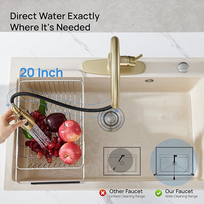 GAGALIFE Brushed Gold Kitchen Faucets with Pull Down Sprayer - High Pressure Blade Spray Kitchen Sink Faucet, High Arc Single Handle Stainless Steel Classic Pull Out Spray Kitchen Faucet 1 or 3 Hole