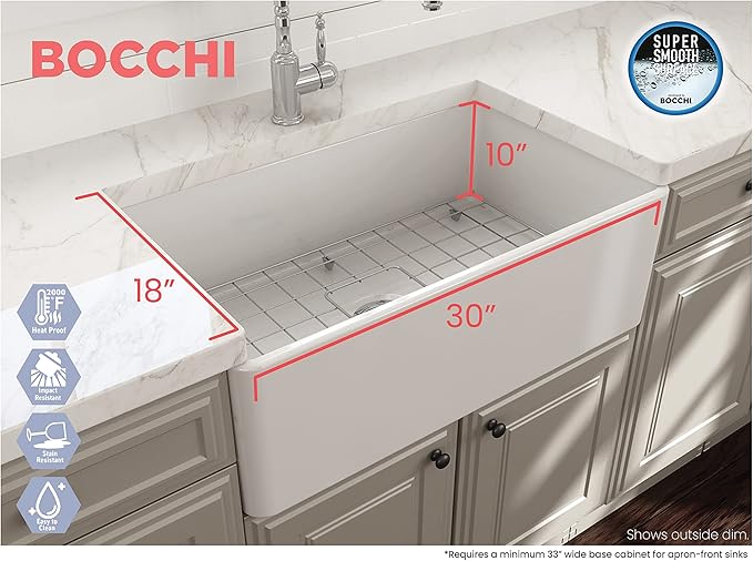 BOCCHI Classico Farmhouse Apron Front Fireclay 30 in. Single Bowl Kitchen Sink with Protective Bottom Grid and Strainer in Matte White