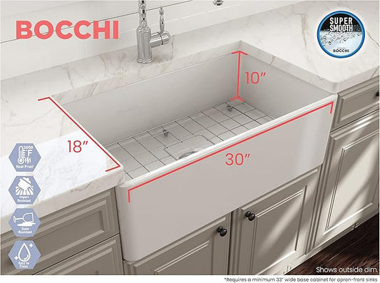 BOCCHI Classico Farmhouse Apron Front Fireclay 30 in. Single Bowl Kitchen Sink with Protective Bottom Grid and Strainer in Matte White
