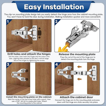 40 Pack 1/2'' Overlay Face Frame Soft Close Hidden Cabinet Hinges, 105 Degree 3D Adjustable Clip On Plate Concealed Kitchen Cupboard Door Hinges with Screws