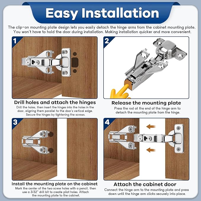 60 Pack 1/2'' Overlay Face Frame Soft Close Hidden Cabinet Hinges, 105 Degree 3D Adjustable Clip On Plate Concealed Kitchen Cupboard Door Hinges with Screws