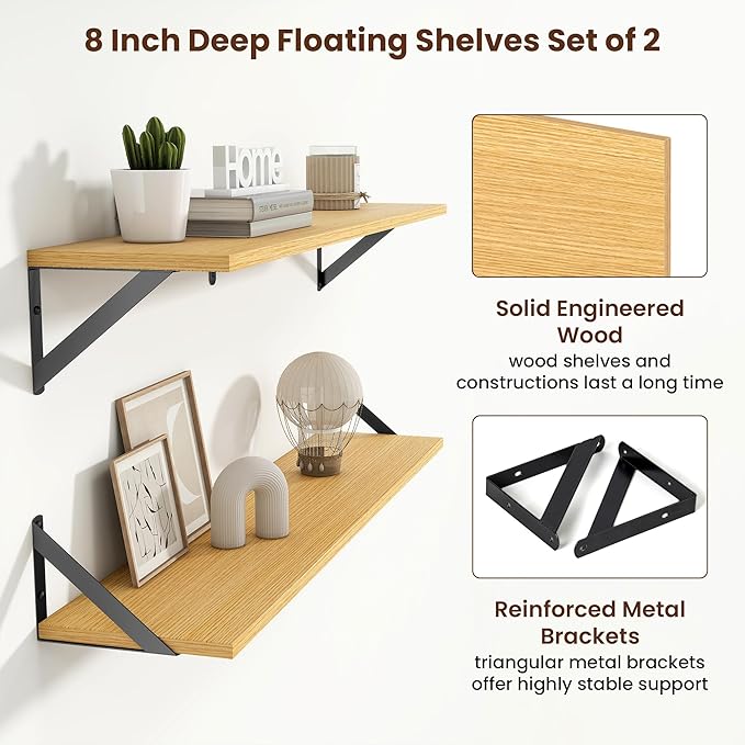 Axeman 36 Inch Floating Shelves | 8 Inch Deep Oak Wall Shelves Set of 2 | 36''W x 8''D Rustic Oak Shelves for Bathroom Living Room Bedroom Kitchen