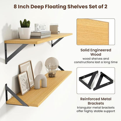Axeman 36 Inch Floating Shelves | 8 Inch Deep Oak Wall Shelves Set of 2 | 36''W x 8''D Rustic Oak Shelves for Bathroom Living Room Bedroom Kitchen