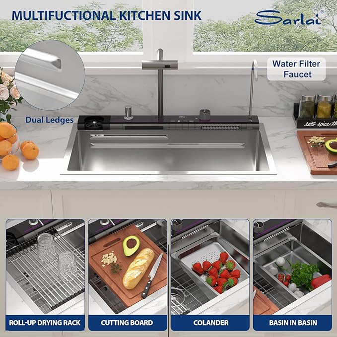 Sarlai Waterfall Kitchen Sink 33 Inch - Drop In Kitchen Sink 33x19 Inch Workstation Waterfall Smart Sinks Single Bowl 16 Gauge Stainless Steel Multifunction Topmount Sinks Basin with Faucet Combo