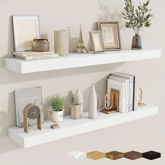fuqing Floating Shelves for Wall, Wall Mounted Wood Floating Shelf with Invisible Brackets for Living Room, Bathroom, Bedroom, Kitchen Storage and Decor, 40 Inch Set of 2, White
