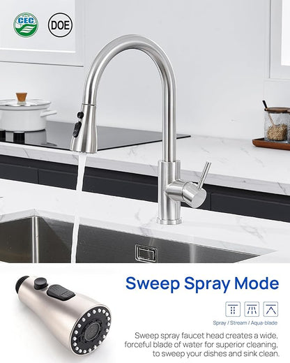 Metal Kitchen Faucet Head Replacement – 3 Mode High-Pressure Sink Sprayer Replacement with 15 Nozzle Adapters, Durable Pull Down Spray Head for Kitchen Sink (Stream/Spray/Blade), Stainless Steel