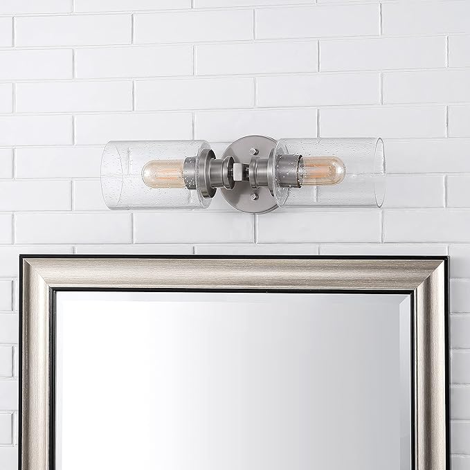 JONATHAN Y 16.5" Nickel 2-Light LED Wall Sconce, Modern Farmhouse Vanity Light with Seeded Glass Shade, Industrial Iron Fixture for Bathroom Mirror, LED Bulbs Included (JYL7577C)