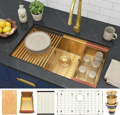 Kitsitchen Gold Kitchen Sink, 32 Inch Gold Undermount Kitchen Sink, 16 Gauge Stainless Steel Undermount Kitchen Sink,10 Inch Deep Single Bowl Kitchen Sinks with Practical Accessories, R10 Round Corner
