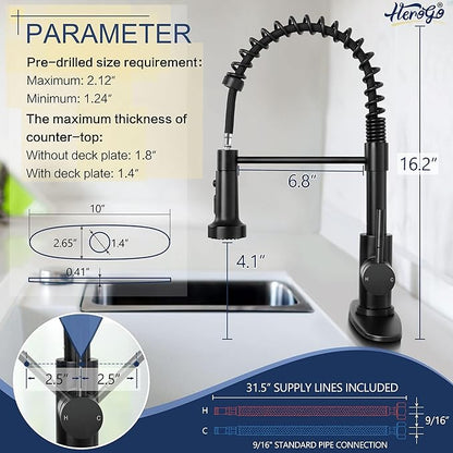 Kitchen Faucets with Pull Down Sprayer Matte Black, Herogo 2.0 Upgraded Commercial Stainless Steel Single Handle Pull Out Spring Sink Faucets with Deck Plate for Utility Farmhouse Laundry Rv Wet