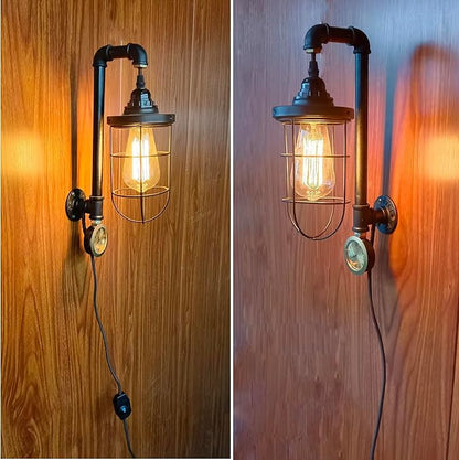 Steampunk Retro Industrial Wall Sconce, Dimmable Wall Mounted Plug in Light, Black Metal Cage Light Fixture with Clock, Vintage Style Sconce for Home, Office, Bedroom Bedside Lighting