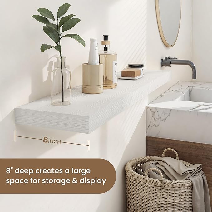 Dreamland 8" Deep Long Floating Shelves, 32 Inches Floating Shelves for Wall Set of 2, Large Display & Storage Shelf, Wall Shelf for Bathroom Bedroom Living Room Kitchen Office, White