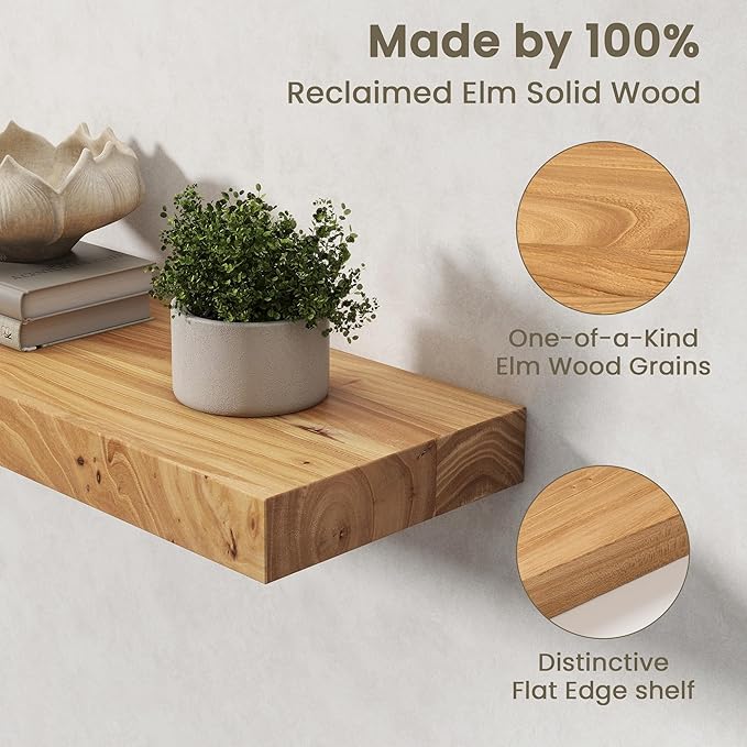 Fun Memories Solid Elm Wood Floating Shelves Set of 2-36 Inch Rustic Wall Shelves with Heavy-Duty Invisible Brackets - for Living Room, Kitchen, Bedroom, Bathroom - Natural Finish