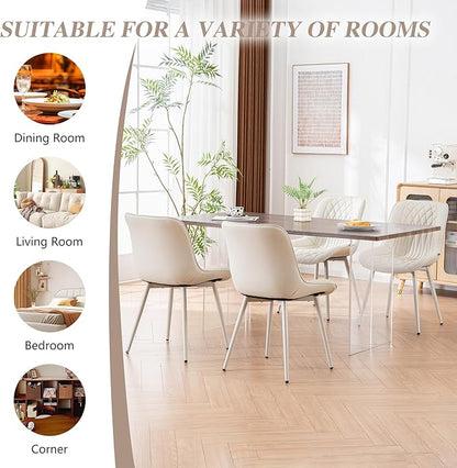 YOUNIKE Cream Faux Leather Dining Chairs Set of 2 Mid-Century Modern High Padded Back Comfy Upholstered Kitchen Chairs with Metal Legs Wide Seat Accent Side Chair for Dining/Living/Waiting Room