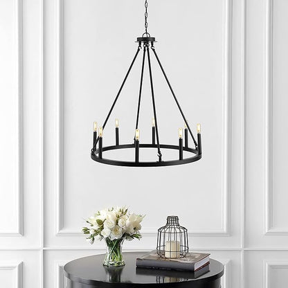 JONATHAN Y 28" Oil Rubbed Bronze 8-Light Wagon Wheel Chandelier, Classic Industrial Iron Ring Pendant for Dining Room, Kitchen, Foyer, Rustic Farmhouse Hanging Light, LED Bulbs Included JYL7496A