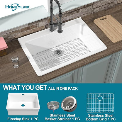 30x22 Drop In Kitchen Sink White 1 Hole, 30 Inch Topmount Fireclay Sink Drop In Single Bowl, Heavy Duty Large Capacity Deep Basin, w 2 Accessories, Pure White, for Kitchen, Laundry