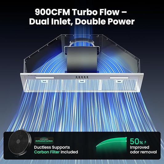 VIKIO HOME Range Hood Insert 30 Inch 900 CFM, 5-Layer Aluminum Mesh Filter, Ducted/Ductless Stainless Steel Built Kitchen Vent, 3-Speed Push Button Controls&LED Lights