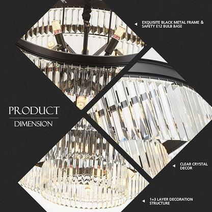 31.5" 18-Light Modern Crystal Chandelier Light Fixture Large 4-Tier Black Luxury Glam Chandeliers for Dining Room Round Hanging Pendant Lighting for Living Room Kitchen Bedroom Foyer Lobby