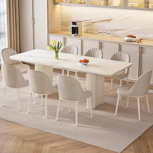 Miuuod Extra Large Kitchen & Dining Table Set, Modern Kitchen Table Furniture with 8 Upholstered PU Chairs for Dining Room,Compact Space-Saving,Stable Frame Dining Table,Cream White