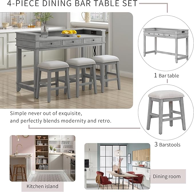4-piece Dining Bar Table Set with 3 Upholstered Stools, Rubber Wood Counter Height Multifunctional Dining Table with 3 Drawers and USB Port, Side Table with Footrest Pub Kitchen Set (Grey-N2)