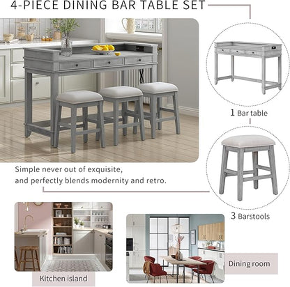 VilroCaz 4-Piece Counter Height Extra Long Dining Table Set with 3 Drawers and Upholstered Stools, Rubber Wood Dining Table Set Home Bar Set with Footrest and USB Port (Grey-B1)