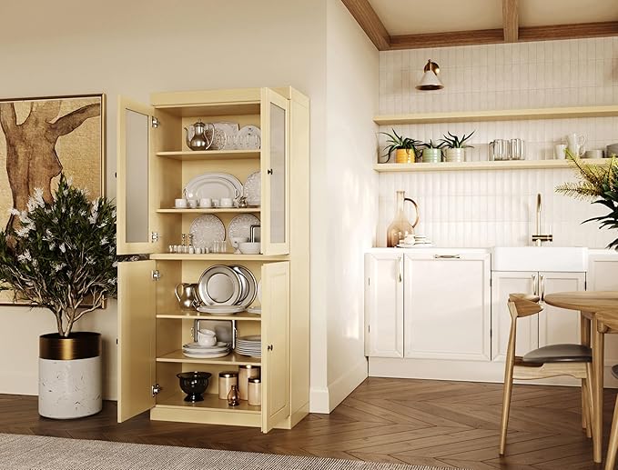 Palace Imports 100% Solid Wood Kitchen Pantry w/ 2 Frosted Glass Doors & Bottom Wooden Storage Cabinet, Yellow, 32" w x 71.5" h, Renewable Eco-Friendly Wood, Made in Brazil