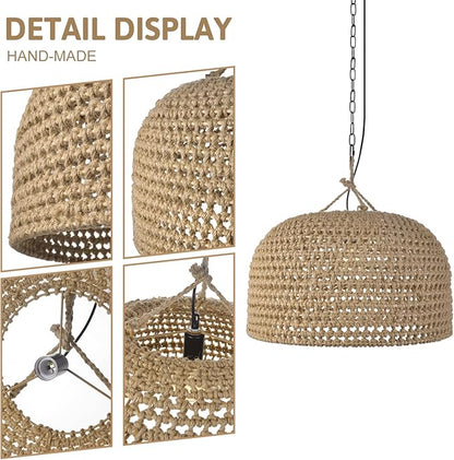 Arturesthome Rustic Woven Dome Pendant Light, Hemp Rope Basket Lampshade Coastal Hanging Lighting Fixture, Adjustable Vintage Farmhouse Chandelierfor Kitchen Island Dining Table Room W 21.6"*H 13.7"