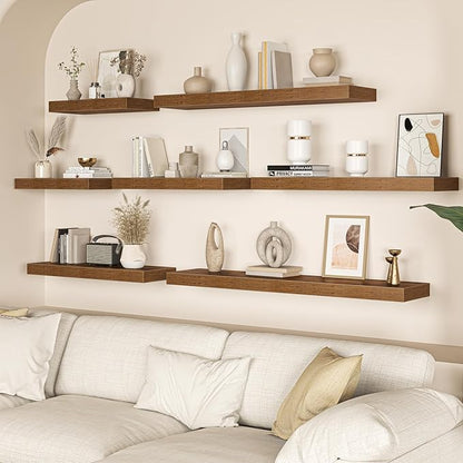 12 Inch Deep Floating Shelves, 60W x 12D Floating Shelf for Books, Rustic Wood Deep Wall Shelves for Home Storage & Display, 1.5" Thicked Shelves for Kitchen, Living Room, Bedroom, Brown, 2 Pack