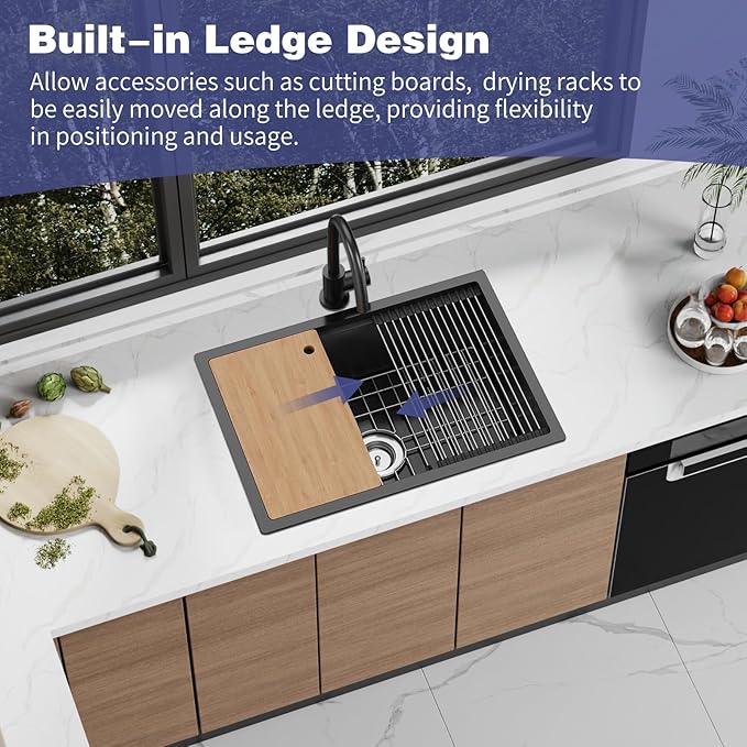 Black Kitchen Sink Workstation,27"x19" Stainless Steel Undermount Single Bowl Sink Built-in Ledge Drop In Workstation Sink Design For Placing/Sliding Accessories-Cutting Board And Drying Rack