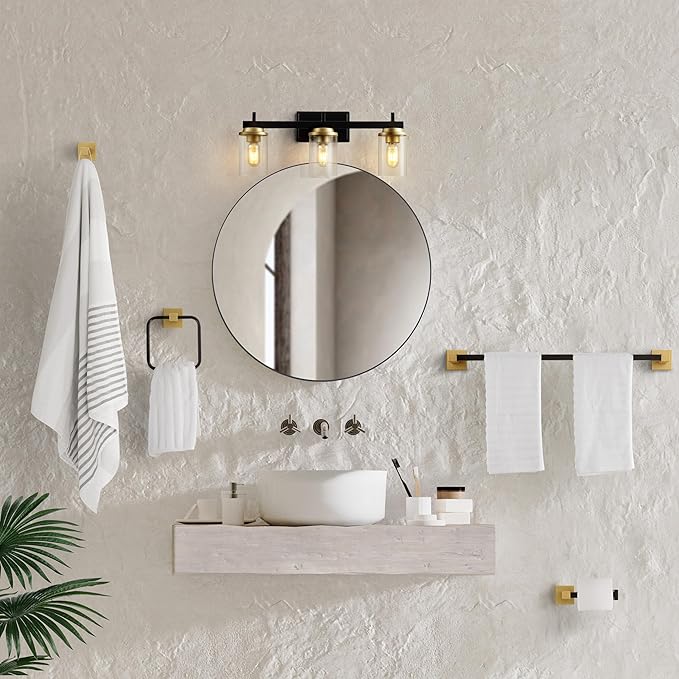 JONATHAN Y JYL1502B Liam 23.25" 3-Light Farmhouse Vanity Light with Bathroom Hardware Accessory Set, Oil Rubbed Bronze/Gold Painting (5-Piece) - Towel Bar & Ring, Toilet Paper Holder, Robe Hook
