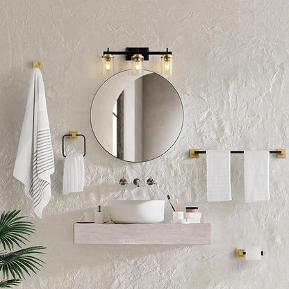 JONATHAN Y JYL1502B Liam 23.25" 3-Light Farmhouse Vanity Light with Bathroom Hardware Accessory Set, Oil Rubbed Bronze/Gold Painting (5-Piece) - Towel Bar & Ring, Toilet Paper Holder, Robe Hook