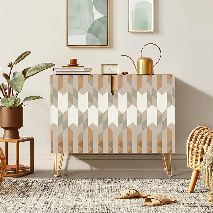 SIGNWIN Sideboard Buffet Cabinet, Kitchen Storage Cabinet with 2 Doors, Gray & Brown Geometric Polygons, Cupboard Console Table for Dining Room - 35" L x 18" W x 29" H