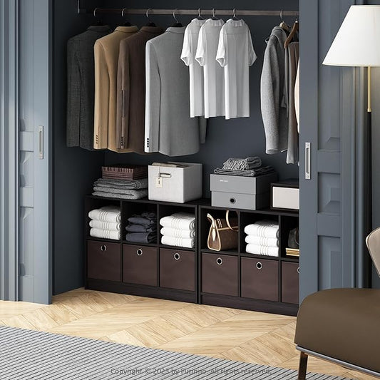 Furinno Cubic Closet Organizers and Storage, 6-Cube Closet Organizer with Bins, Open Shelf Storage, for Wardrobe, Bedroom, Living Room, Dark Walnut
