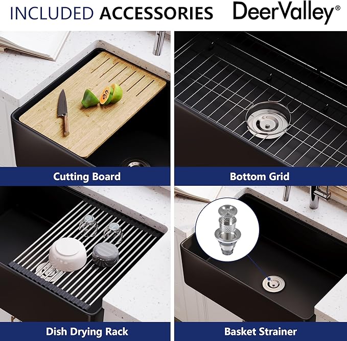 DeerValley Black Farmhouse Sink for Kitchen 30 inch, Fireclay Single Bowl Front Apron Workstation Kitchen Sink with Grid, Strainer & Workstation Accessories