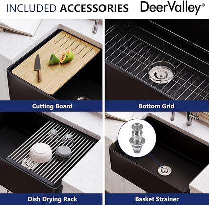 DeerValley Black Farmhouse Sink for Kitchen 30 inch, Fireclay Single Bowl Front Apron Workstation Kitchen Sink with Grid, Strainer & Workstation Accessories